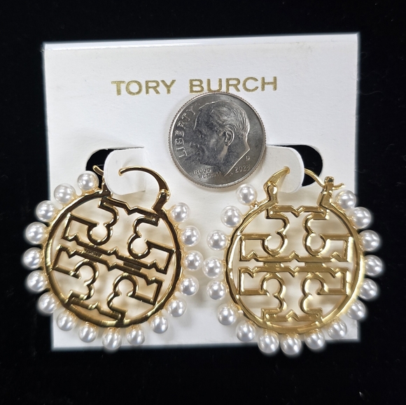 Tory Burch Gold Miller Wire Hoop Pearl Logo Earrings - Picture 6 of 6